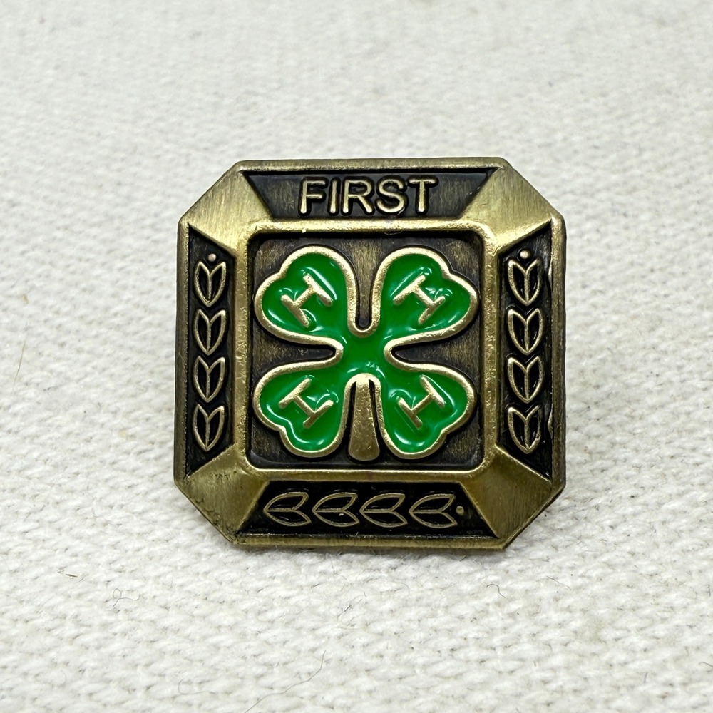 4H First Award‎ Enamel Pin Green Clover Brass Octagon Vintage Lapel Tie Tac